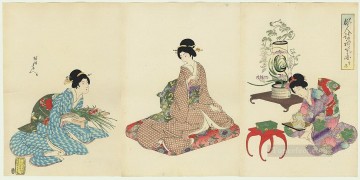 A group of women arranging flowers Toyohara Chikanobu Japanese Oil Paintings